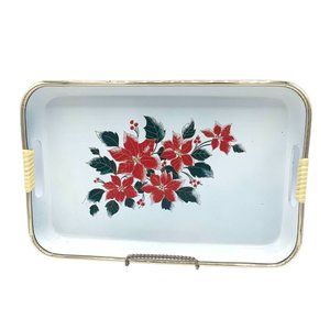 Vintage MCM Christmas Poinsettia Lacquer Tray Wrapped Handles Red White Black